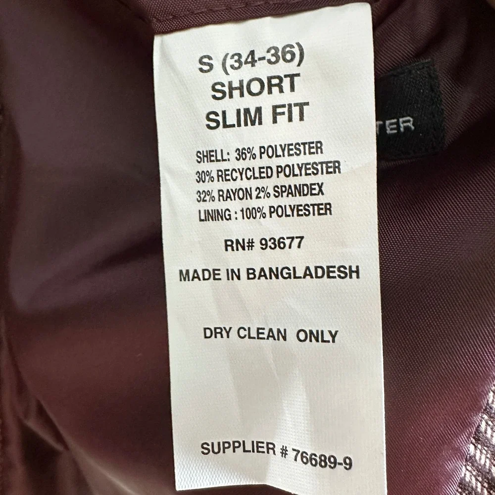 J.Ferrar Mens‎ S 34/36 Short Blazer Burgundy Herringbone Slim Fit Sport Coat NEW